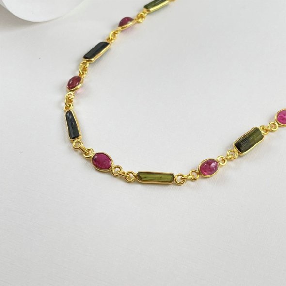 Κολιέ αλυσίδα απο κόκκινη και πράσινη τουρμαλίνη - ΚΙΤΡΙΝΟ, ΑΣΗΜΙ, ΤΟΥΡΜΑΛΙΝΗ, RUBY, ΤΟΥΡΜΑΛΙΝΗ, GREEN , 46cm - 1