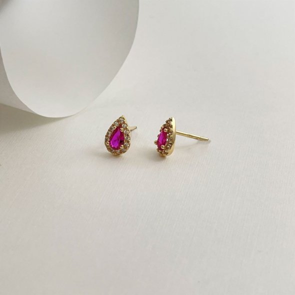 Σκουλαρίκια με κόκκινη ροζέτα δάκρυ - ΚΙΤΡΙΝΟ, ΧΡΥΣΟΣ K9, ΖΙΡΓΚΟΝ, RUBY, ΖΙΡΓΚΟΝ, WHITE