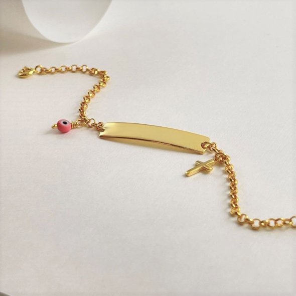 Βραχιόλι ταυτότητα με σταυρό και μικρό ροζ μάτι - ΚΙΤΡΙΝΟ, ΑΣΗΜΙ, MOTHER OF PEARL, PINK - 1