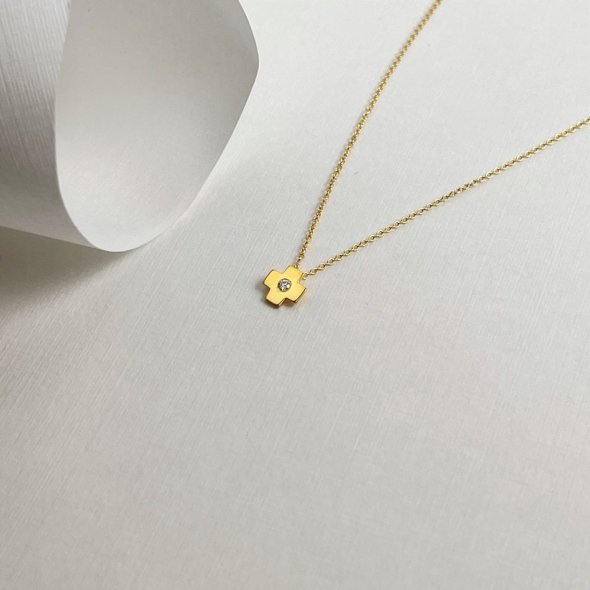 Κολιέ αλυσίδα με μικρό σταυρό και διαμάντι - ΚΙΤΡΙΝΟ, ΧΡΥΣΟΣ K14, ΔΙΑΜΑΝΤΙ, WHITE, 0,02, 42cm