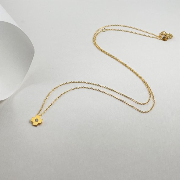 Κολιέ αλυσίδα με μικρό σταυρό και διαμάντι - ΚΙΤΡΙΝΟ, ΧΡΥΣΟΣ K14, ΔΙΑΜΑΝΤΙ, WHITE, 0,02, 42cm - 2