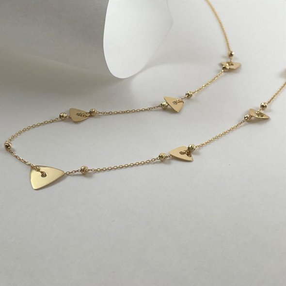 Κολίε αλυσίδα με τρίγωνα και διαμανταρισμένες χάντρες - ΚΙΤΡΙΝΟ, ΧΡΥΣΟΣ K14, 43cm