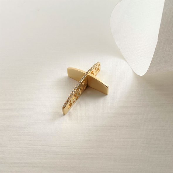 Σταυρός λεπτός, ψηλός με λαμπερές πέτρες και διατριτος στο πλάι - ΚΙΤΡΙΝΟ, ΧΡΥΣΟΣ K14, ΓΥΑΛΙΣΤΕΡΟ, ΖΙΡΓΚΟΝ, WHITE - 1