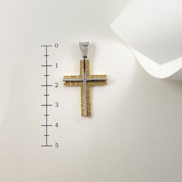 Σταυρός με σφυρήλατη επιφάνεια και ένθετο λευκό σταυρό - ΚΙΤΡΙΝΟ-ΛΕΥΚΟ, ΧΡΥΣΟΣ K14, ΣΦΥΡΗΛΑΤΟ - 2