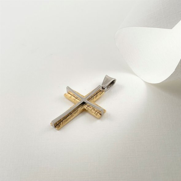 Σταυρός με σφυρήλατη επιφάνεια και ένθετο λευκό σταυρό - ΚΙΤΡΙΝΟ-ΛΕΥΚΟ, ΧΡΥΣΟΣ K14, ΣΦΥΡΗΛΑΤΟ