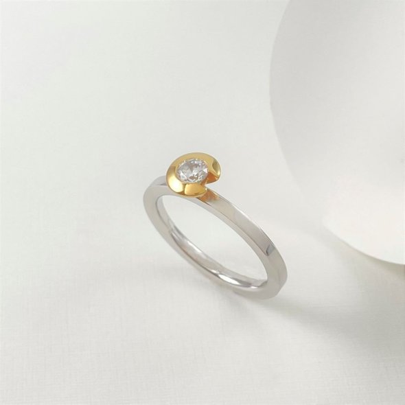 Μονόπετρο δαχτυλίδι δίχρωμο με δέσιμο μισοφέγγαρο - ΚΙΤΡΙΝΟ-ΛΕΥΚΟ, ΑΣΗΜΙ, ΓΥΑΛΙΣΤΕΡΟ, ΖΙΡΓΚΟΝ, WHITE, 56