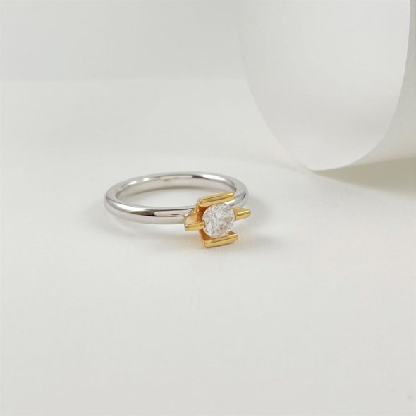 Μονόπετρο δαχτυλίδι δίχρωμο με δέσιμο σκάλα - ΚΙΤΡΙΝΟ-ΛΕΥΚΟ, ΑΣΗΜΙ, ΓΥΑΛΙΣΤΕΡΟ, ΖΙΡΓΚΟΝ, WHITE, 56 - 2