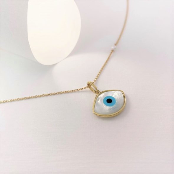Μενταγίον μεγάλο εντυπωσικό μάτι  - ΚΙΤΡΙΝΟ, ΧΡΥΣΟΣ K14, ΓΥΑΛΙΣΤΕΡΟ, MOTHER OF PEARL, WHITE
