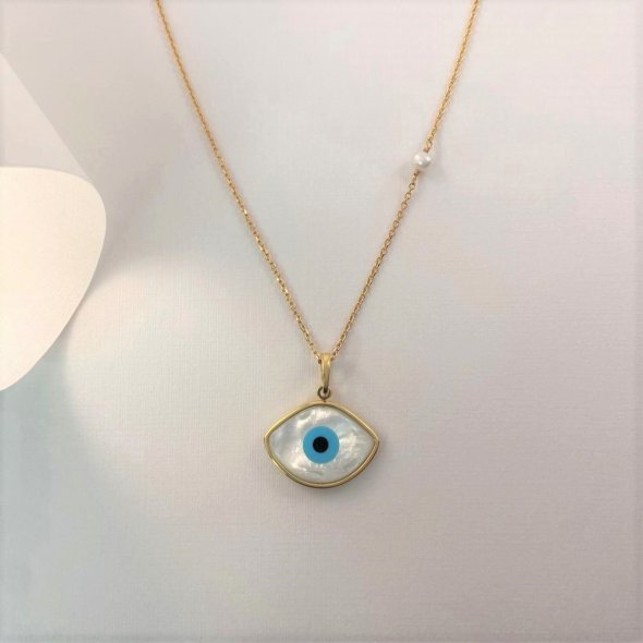 Μενταγίον μεγάλο εντυπωσικό μάτι  - ΚΙΤΡΙΝΟ, ΧΡΥΣΟΣ K14, ΓΥΑΛΙΣΤΕΡΟ, MOTHER OF PEARL, WHITE - 1