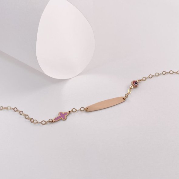 Βραχιόλι παιδική ταυτότητα με μάτι και σταυρό - ΚΙΤΡΙΝΟ, ΧΡΥΣΟΣ K9, ΓΥΑΛΙΣΤΕΡΟ, ΣΜΑΛΤΟ, PINK, ΜΟΥΡΑΝΟ, PINK