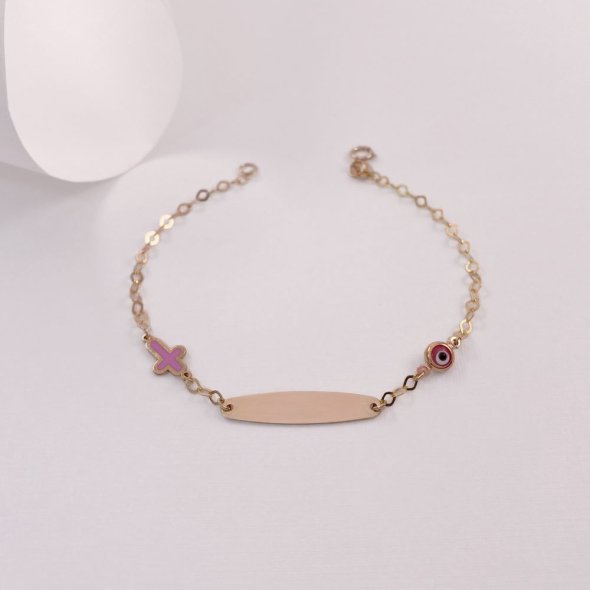 Βραχιόλι παιδική ταυτότητα με μάτι και σταυρό - ΚΙΤΡΙΝΟ, ΧΡΥΣΟΣ K9, ΓΥΑΛΙΣΤΕΡΟ, ΣΜΑΛΤΟ, PINK, ΜΟΥΡΑΝΟ, PINK - 1