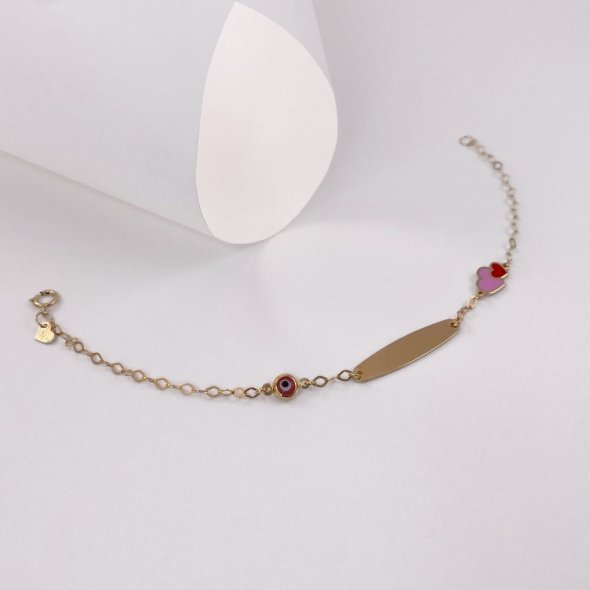 Βραχιόλι παιδική ταυτότητα με μάτι και καρδιές - ΚΙΤΡΙΝΟ, ΑΣΗΜΙ, ΓΥΑΛΙΣΤΕΡΟ, MOTHER OF PEARL, PINK, ΣΜΑΛΤΟ, PINK