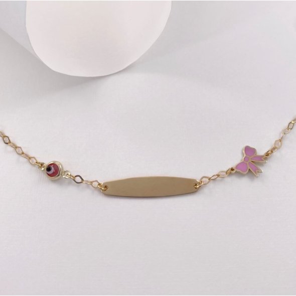 Βραχιόλι παιδική ταυτότητα με μάτι και φιόγκο - ΚΙΤΡΙΝΟ, ΑΣΗΜΙ, ΓΥΑΛΙΣΤΕΡΟ, ΣΜΑΛΤΟ, PINK, MOTHER OF PEARL, WHITE - 1