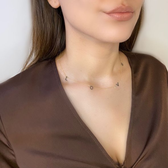 Κολιέ LOVE με διαμάντι - ΚΙΤΡΙΝΟ-ΜΑΥΡΟ, ΧΡΥΣΟΣ K14, ΓΥΑΛΙΣΤΕΡΟ, ΔΙΑΜΑΝΤΙ, WHITE, 0,01, 42cm - 2