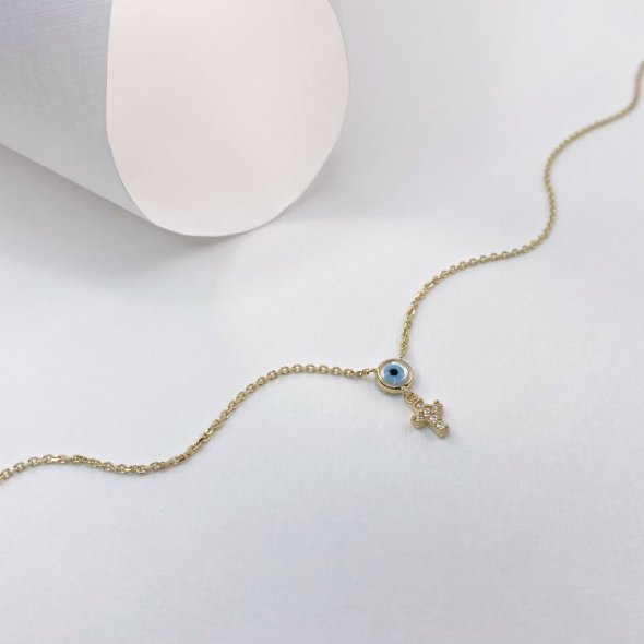 Κολιέ μάτι και σταυρός - ΚΙΤΡΙΝΟ, ΧΡΥΣΟΣ K9, ΓΥΑΛΙΣΤΕΡΟ, MOTHER OF PEARL, WHITE, ΖΙΡΓΚΟΝ, WHITE, 43cm