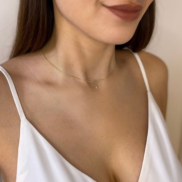 Κολιέ μάτι και σταυρός - ΚΙΤΡΙΝΟ, ΧΡΥΣΟΣ K9, ΓΥΑΛΙΣΤΕΡΟ, MOTHER OF PEARL, WHITE, ΖΙΡΓΚΟΝ, WHITE, 43cm - 2