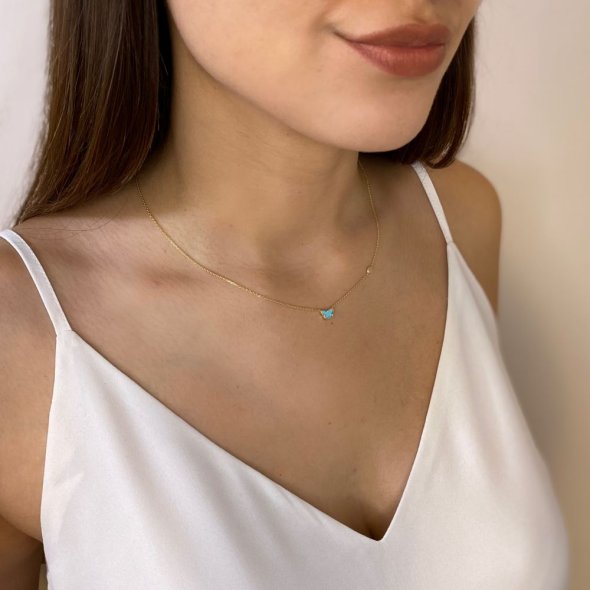 Κολιέ τιρκουάζ πεταλούδα και ζιργκόν - ΚΙΤΡΙΝΟ, ΑΣΗΜΙ, ΓΥΑΛΙΣΤΕΡΟ, ΖΙΡΓΚΟΝ, WHITE, ΤΙΡΚΟΥΑΖ, TURQUOISE, 44cm - 2