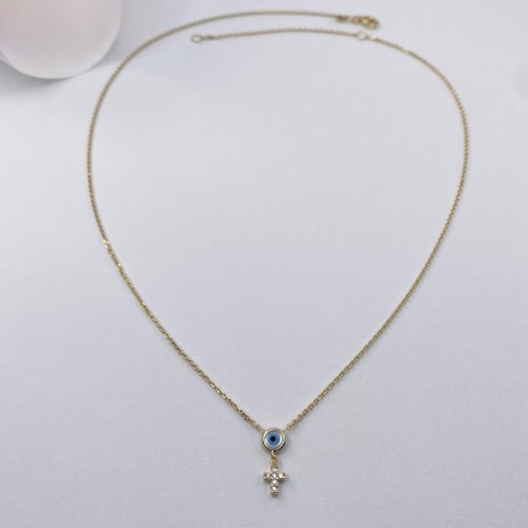 Κολιέ μάτι και σταυρός - ΚΙΤΡΙΝΟ, ΧΡΥΣΟΣ K9, ΓΥΑΛΙΣΤΕΡΟ, MOTHER OF PEARL, WHITE, ΖΙΡΓΚΟΝ, WHITE, 43cm - 1