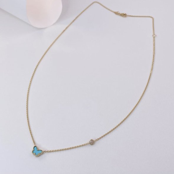 Κολιέ τιρκουάζ πεταλούδα και ζιργκόν - ΚΙΤΡΙΝΟ, ΑΣΗΜΙ, ΓΥΑΛΙΣΤΕΡΟ, ΖΙΡΓΚΟΝ, WHITE, ΤΙΡΚΟΥΑΖ, TURQUOISE, 44cm - 1