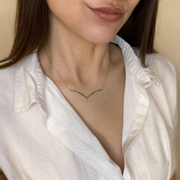 Κολιέ με διπλό V - ΚΙΤΡΙΝΟ, ΧΡΥΣΟΣ K9, ΓΥΑΛΙΣΤΕΡΟ, ΖΙΡΓΚΟΝ, WHITE, 41cm - 2