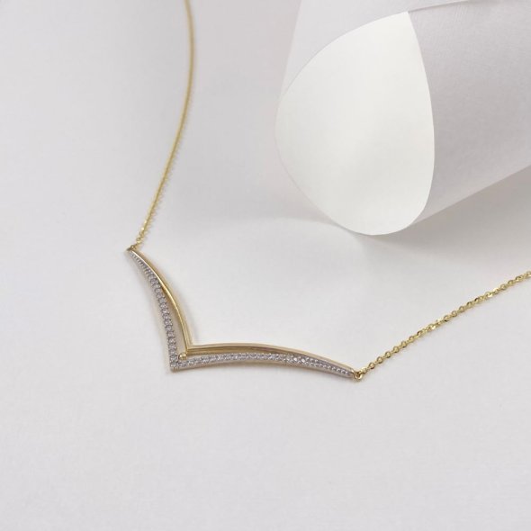 Κολιέ με διπλό V - ΚΙΤΡΙΝΟ, ΧΡΥΣΟΣ K9, ΓΥΑΛΙΣΤΕΡΟ, ΖΙΡΓΚΟΝ, WHITE, 41cm