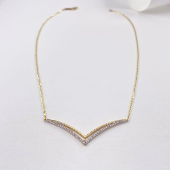 Κολιέ με διπλό V - ΚΙΤΡΙΝΟ, ΧΡΥΣΟΣ K9, ΓΥΑΛΙΣΤΕΡΟ, ΖΙΡΓΚΟΝ, WHITE, 41cm - 1