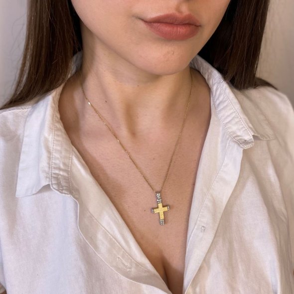 Σταυρός δίχρωμος με ζιργκόν - ΚΙΤΡΙΝΟ-ΛΕΥΚΟ, ΧΡΥΣΟΣ K14, ΖΙΡΓΚΟΝ, WHITE - 4