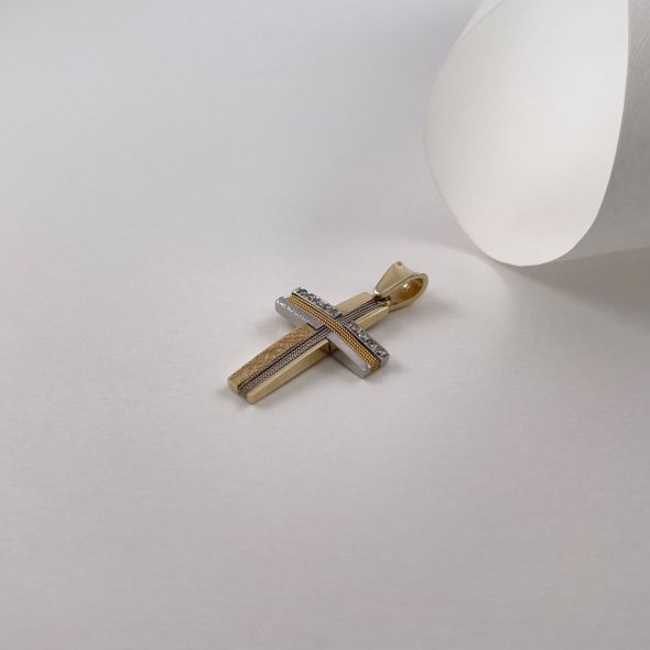 Σταυρός δίχρωμος με ζιργκόν - ΚΙΤΡΙΝΟ-ΛΕΥΚΟ, ΧΡΥΣΟΣ K14, ΜΑΤ-ΓΥΑΛΙΣΤΕΡΟ, ΖΙΡΓΚΟΝ, WHITE