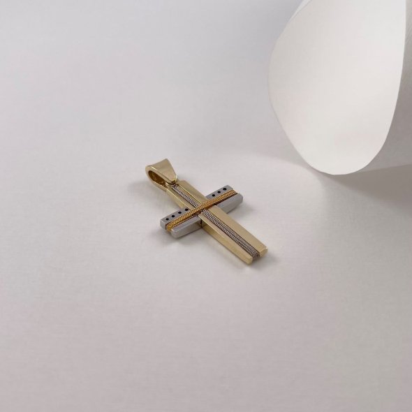 Σταυρός δίχρωμος με ζιργκόν - ΚΙΤΡΙΝΟ-ΛΕΥΚΟ, ΧΡΥΣΟΣ K14, ΜΑΤ-ΓΥΑΛΙΣΤΕΡΟ, ΖΙΡΓΚΟΝ, WHITE - 1