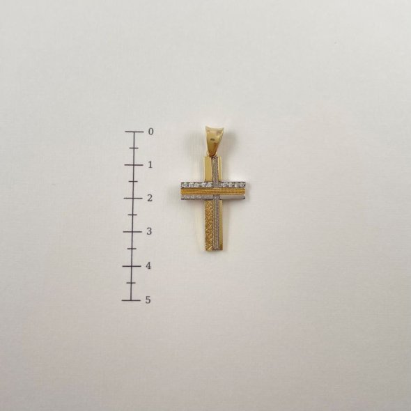 Σταυρός δίχρωμος με ζιργκόν - ΚΙΤΡΙΝΟ-ΛΕΥΚΟ, ΧΡΥΣΟΣ K14, ΜΑΤ-ΓΥΑΛΙΣΤΕΡΟ, ΖΙΡΓΚΟΝ, WHITE - 2