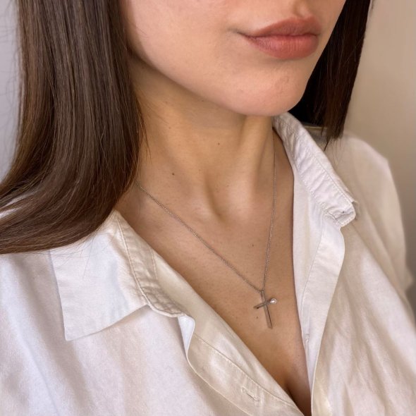 Σταυρός με μαργαριτάρι - ΛΕΥΚΟ, ΧΡΥΣΟΣ K14, ΓΥΑΛΙΣΤΕΡΟ, ΜΑΡΓΑΡΙΤΑΡΙ, WHITE - 2