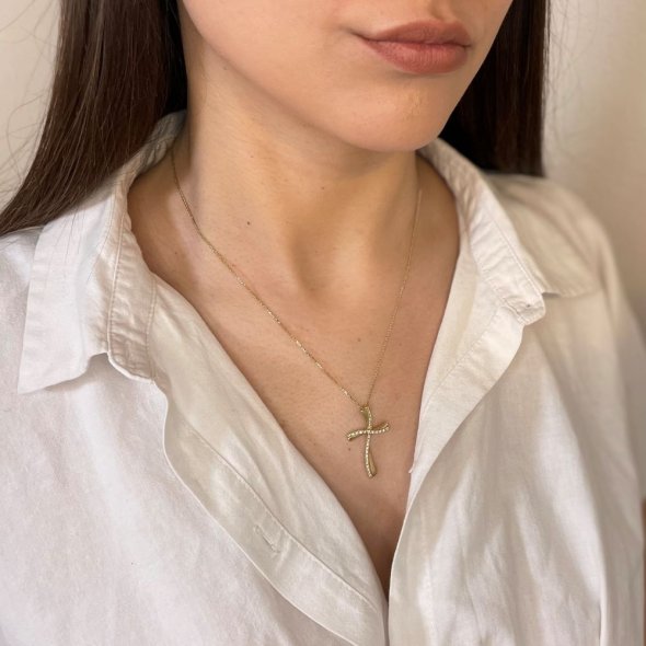 Σταυρός χρυσός με ζιργκόν - ΚΙΤΡΙΝΟ, ΧΡΥΣΟΣ K14, ΓΥΑΛΙΣΤΕΡΟ, ΖΙΡΓΚΟΝ, WHITE - 2