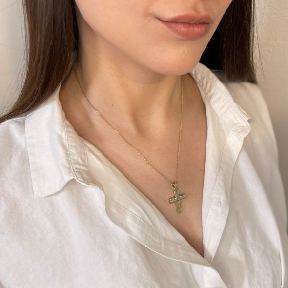 Σταυρός δίχρωμος με ζιργκόν - ΚΙΤΡΙΝΟ-ΛΕΥΚΟ, ΧΡΥΣΟΣ K14, ΜΑΤ-ΓΥΑΛΙΣΤΕΡΟ, ΖΙΡΓΚΟΝ, WHITE - 3