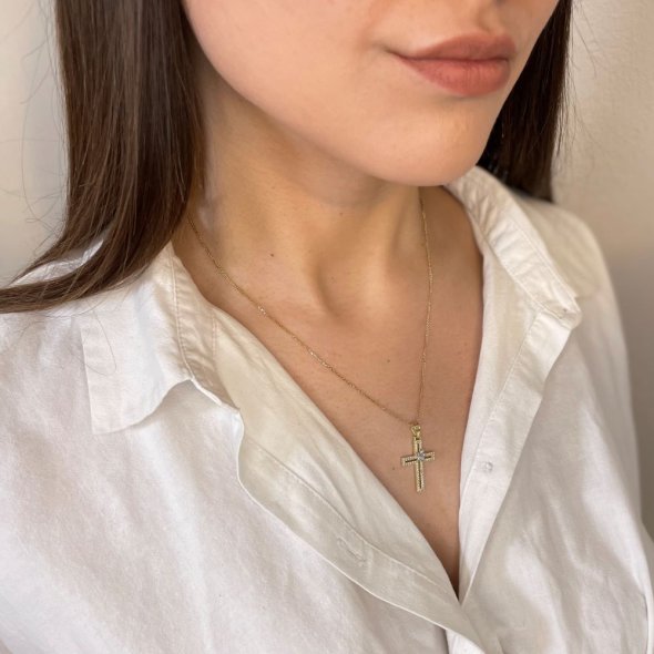 Σταυρός δίχρωμος με λουλούδι και ζιργκόν - ΚΙΤΡΙΝΟ-ΛΕΥΚΟ, ΧΡΥΣΟΣ K14, ΓΥΑΛΙΣΤΕΡΟ, ΖΙΡΓΚΟΝ, WHITE - 3