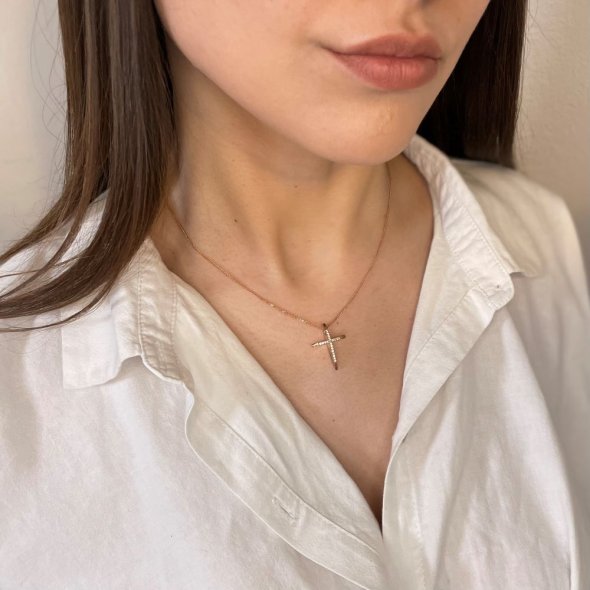 Σταυρός με ζιργκόν - ΡΟΖ, ΧΡΥΣΟΣ K9, ΓΥΑΛΙΣΤΕΡΟ, ΖΙΡΓΚΟΝ, WHITE - 2