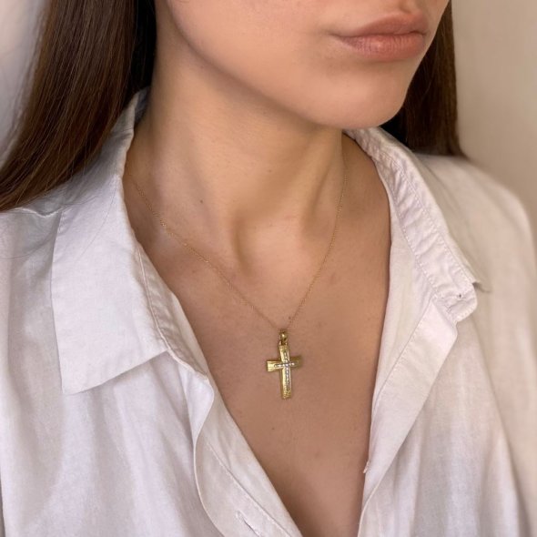 Σταυρός δίχρωμος κίτρινος-λευκός με ζιργκόν - ΚΙΤΡΙΝΟ-ΛΕΥΚΟ, ΧΡΥΣΟΣ K14, ΜΑΤ-ΓΥΑΛΙΣΤΕΡΟ, ΖΙΡΓΚΟΝ, WHITE - 3