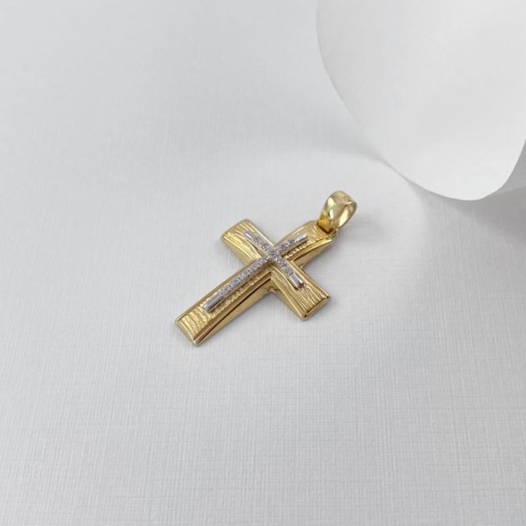 Σταυρός δίχρωμος κίτρινος-λευκός με ζιργκόν - ΚΙΤΡΙΝΟ-ΛΕΥΚΟ, ΧΡΥΣΟΣ K14, ΜΑΤ-ΓΥΑΛΙΣΤΕΡΟ, ΖΙΡΓΚΟΝ, WHITE