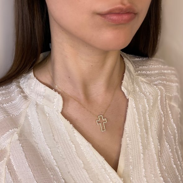 Σταυρός διπλής όψης διάτρητος με ζιργκόν - ΚΙΤΡΙΝΟ, ΧΡΥΣΟΣ K14, ΓΥΑΛΙΣΤΕΡΟ, ΖΙΡΓΚΟΝ, WHITE - 2