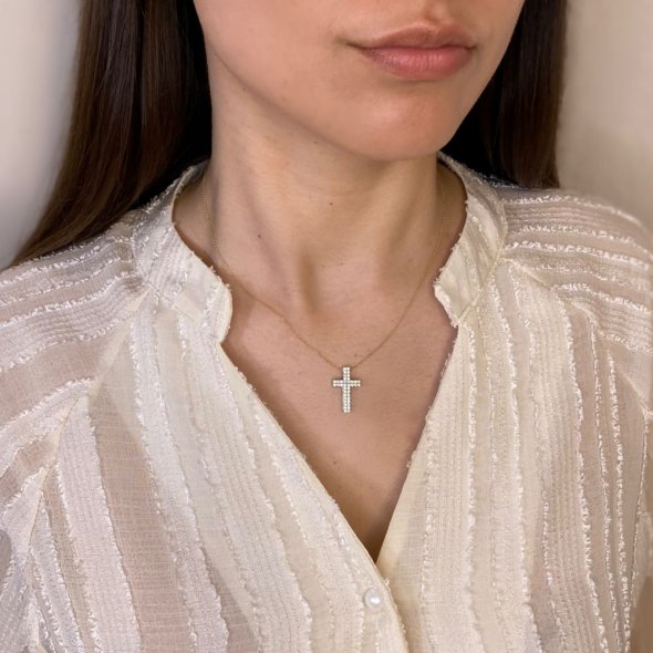 Σταυρός διπλής όψης με ζιργκόν - ΚΙΤΡΙΝΟ-ΛΕΥΚΟ, ΧΡΥΣΟΣ K14, ΓΥΑΛΙΣΤΕΡΟ, ΖΙΡΓΚΟΝ, WHITE - 2