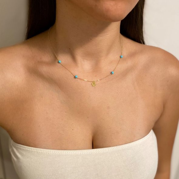 Κολιέ με σταυρό και τιρκουάζ  - ΚΙΤΡΙΝΟ, ΧΡΥΣΟΣ K14, ΓΥΑΛΙΣΤΕΡΟ, ΤΙΡΚΟΥΑΖ, TURQUOISE, 42cm - 2