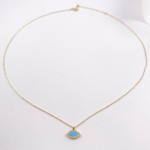 Κολιέ μάτι με διαμάντια και σμάλτο - ΚΙΤΡΙΝΟ, ΧΡΥΣΟΣ K14, ΓΥΑΛΙΣΤΕΡΟ, ΔΙΑΜΑΝΤΙ, 0,06, ΣΜΑΛΤΟ, TURQUOISE, 43cm - 1