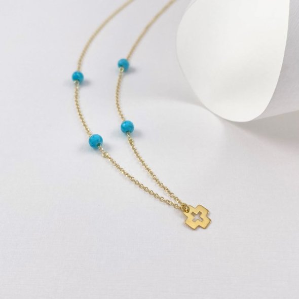 Κολιέ με σταυρό και τιρκουάζ  - ΚΙΤΡΙΝΟ, ΧΡΥΣΟΣ K14, ΓΥΑΛΙΣΤΕΡΟ, ΤΙΡΚΟΥΑΖ, TURQUOISE, 42cm