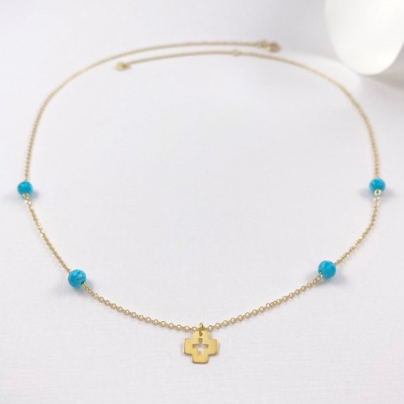 Κολιέ με σταυρό και τιρκουάζ  - ΚΙΤΡΙΝΟ, ΧΡΥΣΟΣ K14, ΓΥΑΛΙΣΤΕΡΟ, ΤΙΡΚΟΥΑΖ, TURQUOISE, 42cm - 1