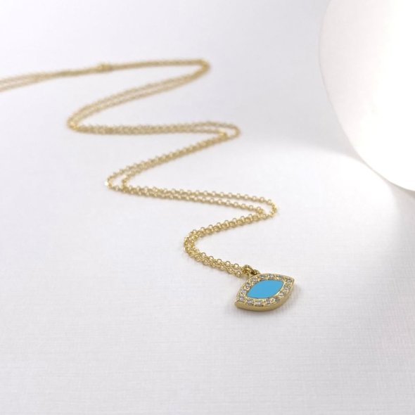 Κολιέ μάτι με διαμάντια και σμάλτο - ΚΙΤΡΙΝΟ, ΧΡΥΣΟΣ K14, ΓΥΑΛΙΣΤΕΡΟ, ΔΙΑΜΑΝΤΙ, 0,06, ΣΜΑΛΤΟ, TURQUOISE, 43cm