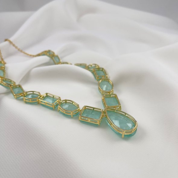 Κολιέ με εντυπωσιακές πέτρες - ΚΙΤΡΙΝΟ, ΑΣΗΜΙ, ΖΙΡΓΚΟΝ, AQUA - 1