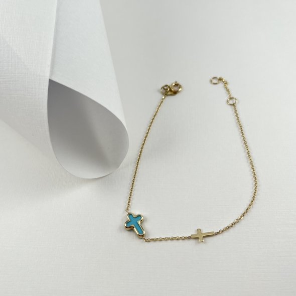 Λεπτό βραχιόλι με τυρκούαζ σταυρό και χρυσό σταυρουδάκι κατά μήκος της αλυσίδας - ΚΙΤΡΙΝΟ, ΧΡΥΣΟΣ K9, TURQUOISE