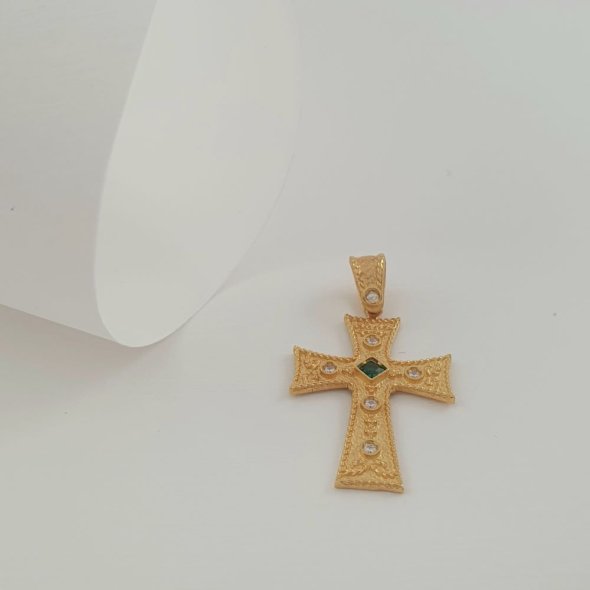 Σταυρός χρυσός Βυζαντινός με λευκά & πράσινο Ζιργκον - ΚΙΤΡΙΝΟ, ΧΡΥΣΟΣ K14, ΖΙΡΓΚΟΝ, GREEN , ΖΙΡΓΚΟΝ, WHITE