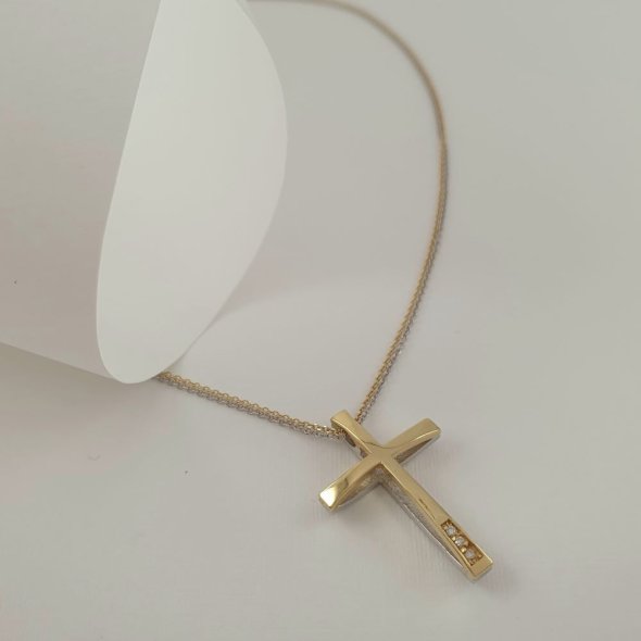 Σταυρός χρυσός δίχρωμος με διαμάντια & αλυσίδα 2 όψεων - ΚΙΤΡΙΝΟ, ΧΡΥΣΟΣ K14, ΔΙΑΜΑΝΤΙ, 0,04