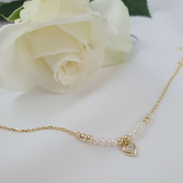 Βραχιόλι αλυσίδα με καρδιά, μαργαριτάρια & Ζιργκον - ΚΙΤΡΙΝΟ, ΑΣΗΜΙ, ΜΑΡΓΑΡΙΤΑΡΙ, WHITE, ΖΙΡΓΚΟΝ, WHITE