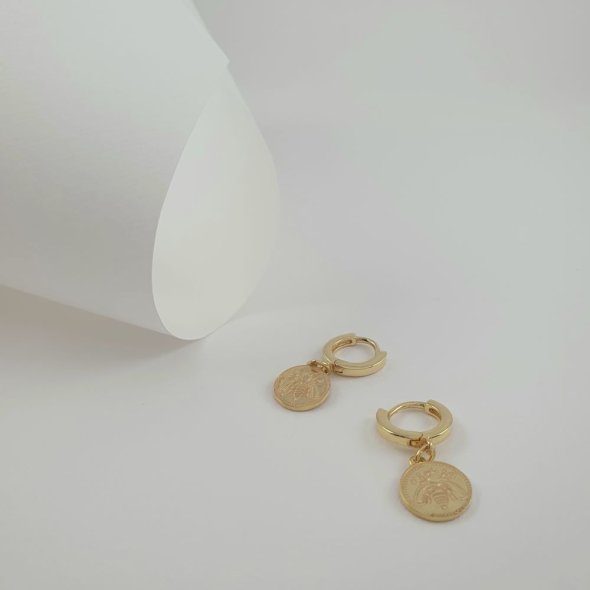 Σκουλαρίκια κρίκοι μικροί με κρεμαστό τετράδραχμο Εφέσου - ΚΙΤΡΙΝΟ, ΑΣΗΜΙ - 1